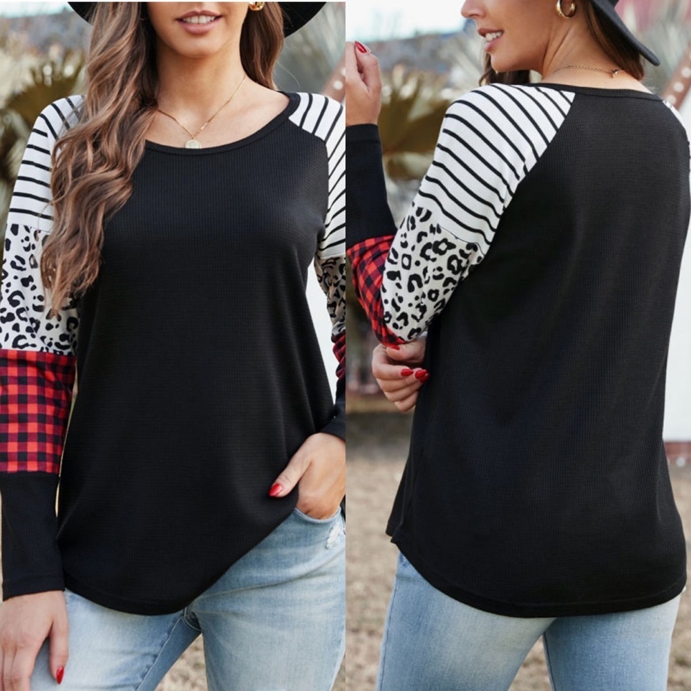 Black Crew Neck Print Splice Waffle Knitted NEW